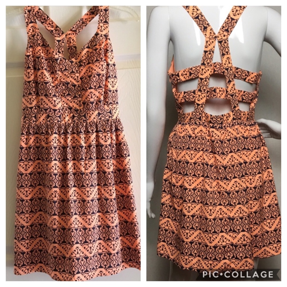 Peach Summer Dress With Navy Blue Print